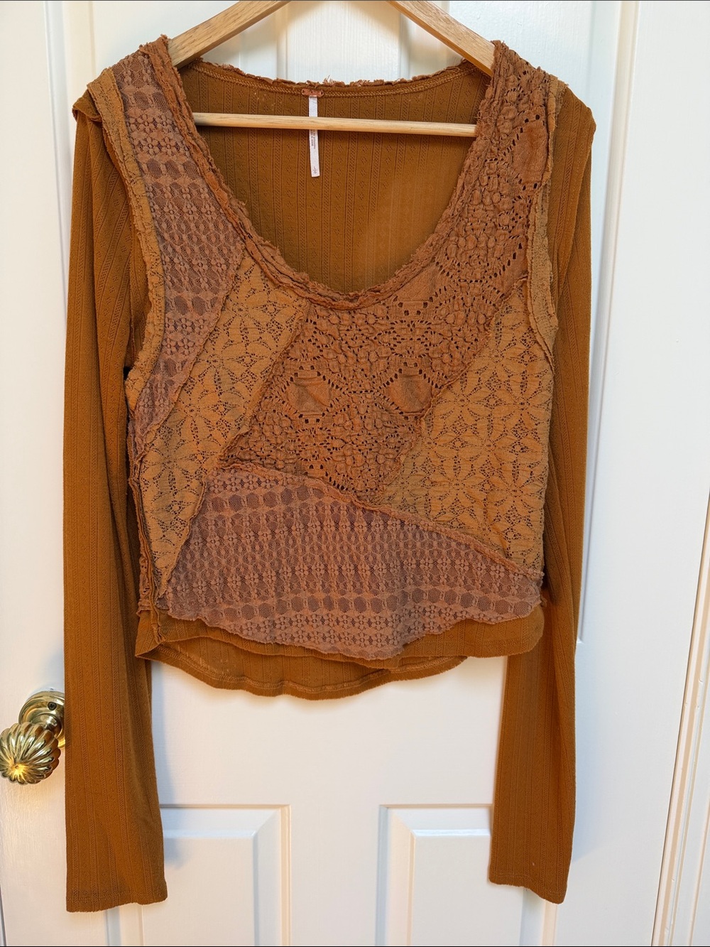 Free People sz L goldenrod mustard boho crochet mixed media layered long sleeve